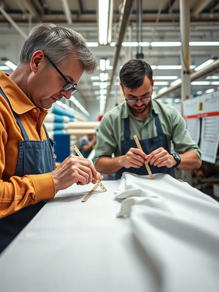 Inspectors examining fabric samples with measurement tools in a well-lit factory environment, ensuring precision and accuracy.