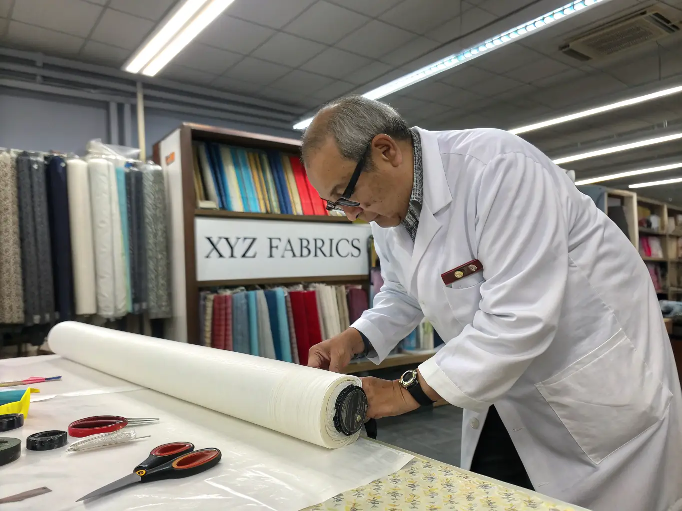 A close-up shot of a quality control inspector meticulously examining fabric for defects in a well-lit factory setting, emphasizing the company's commitment to quality.
