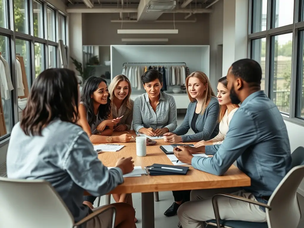 A diverse team of textile experts collaborating in a modern office, reviewing fabric samples and discussing sourcing strategies, showcasing their expertise and collaborative approach.