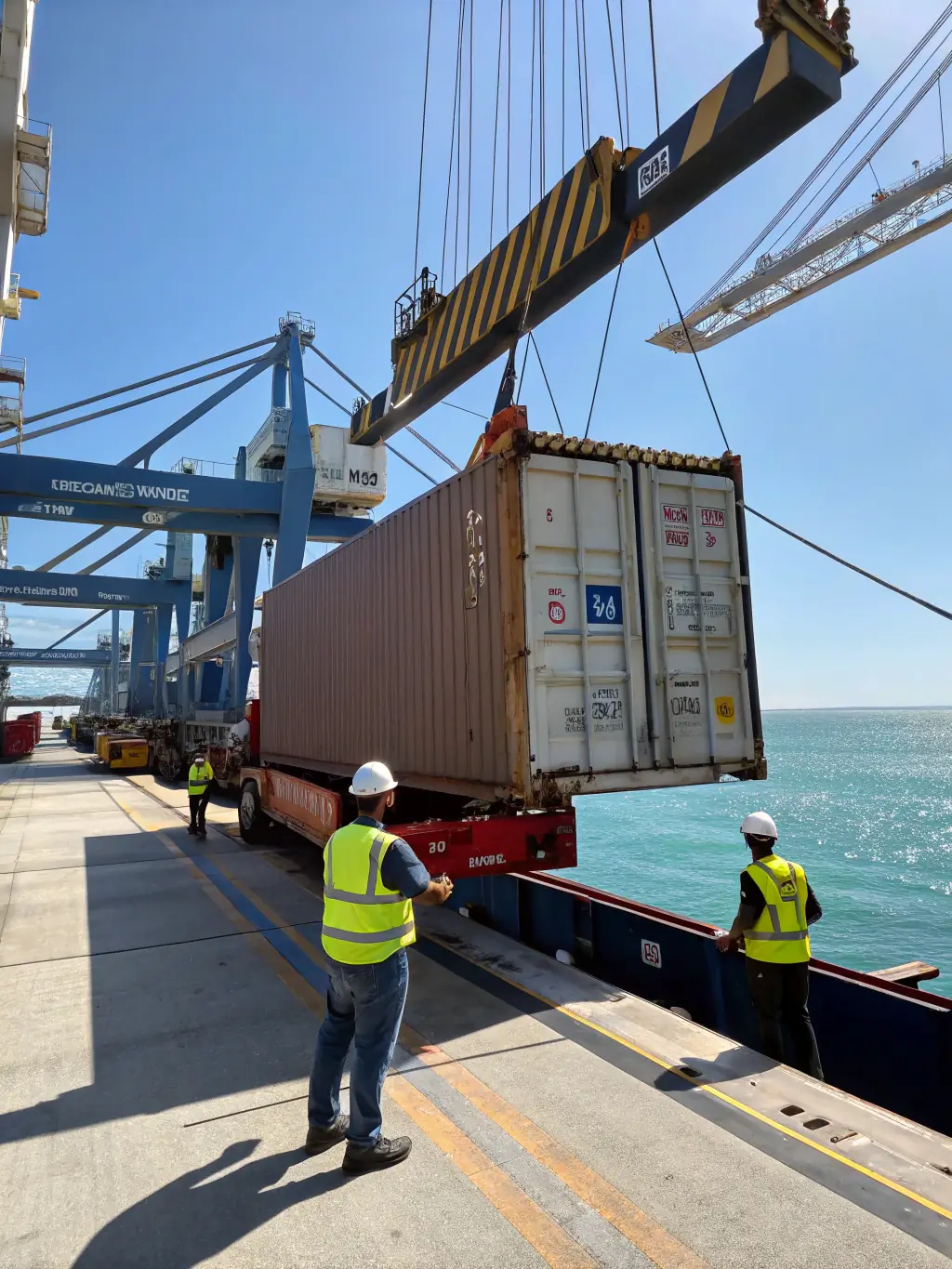 A cargo container being loaded onto a truck at a busy port, symbolizing efficient logistics and global reach.