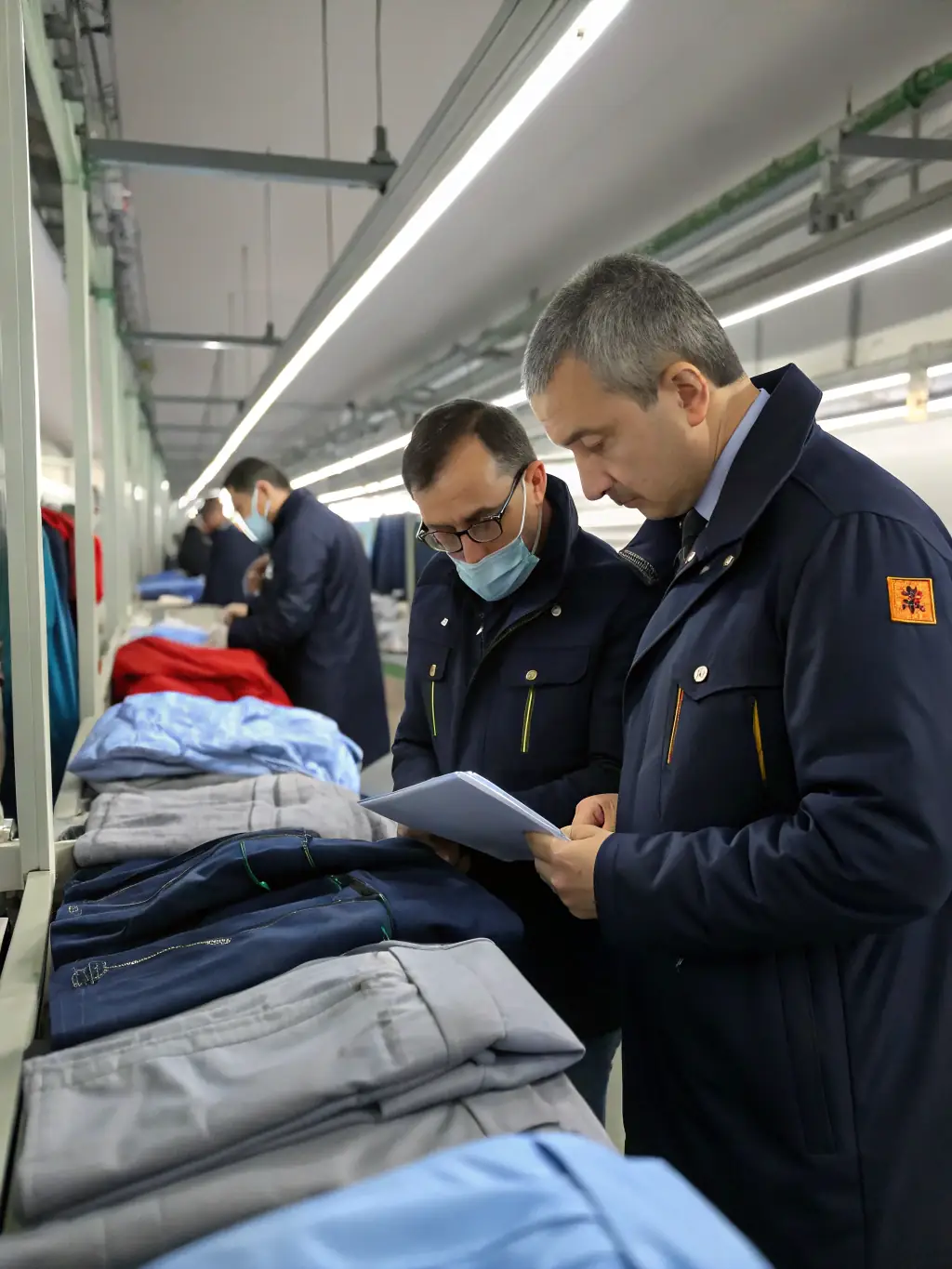 A professional team inspecting textile samples in a factory setting, highlighting quality control and attention to detail.