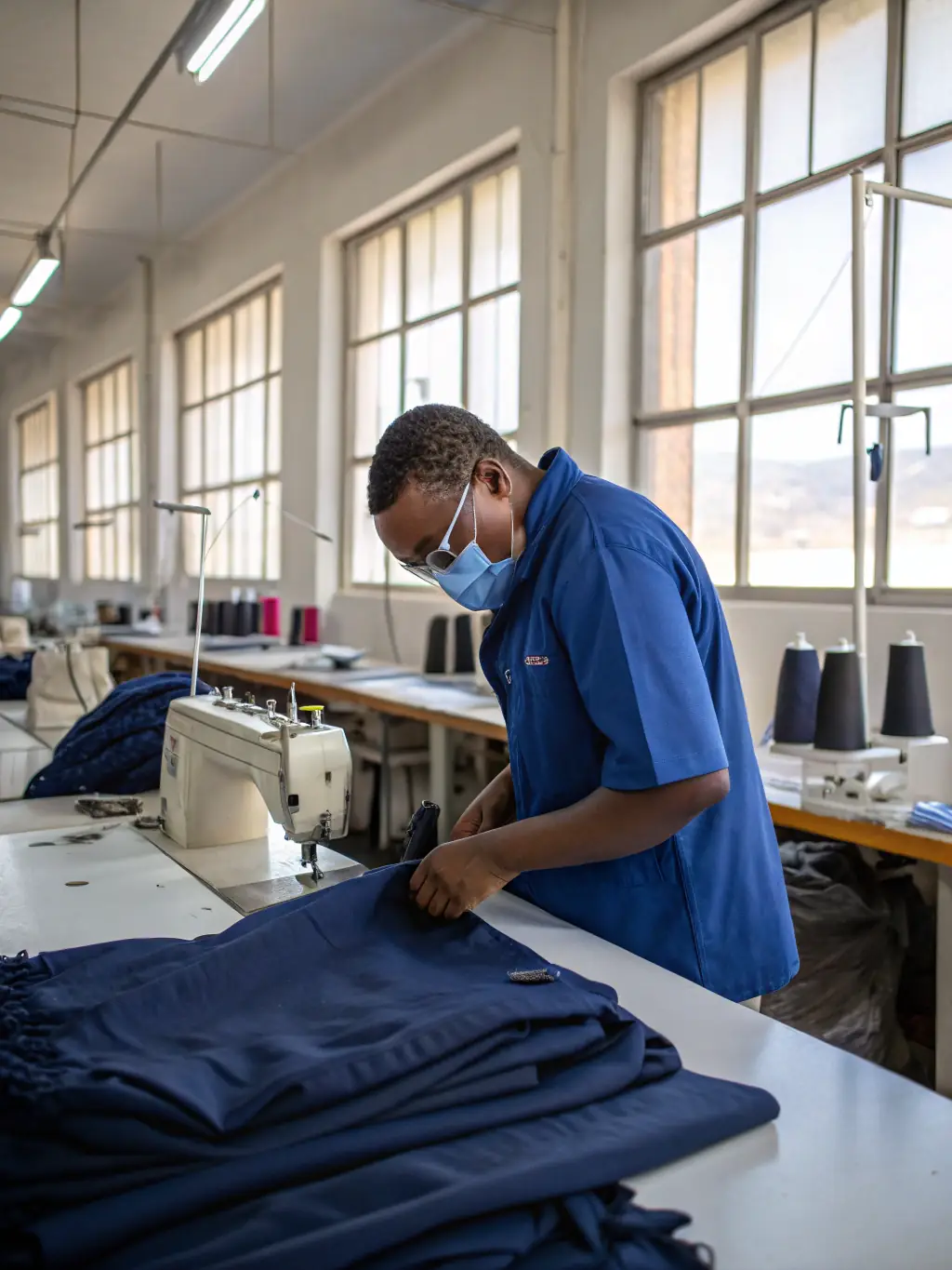 Photo of a worker inspecting a roll of cotton fabric in a textile factory, ensuring quality and consistency.