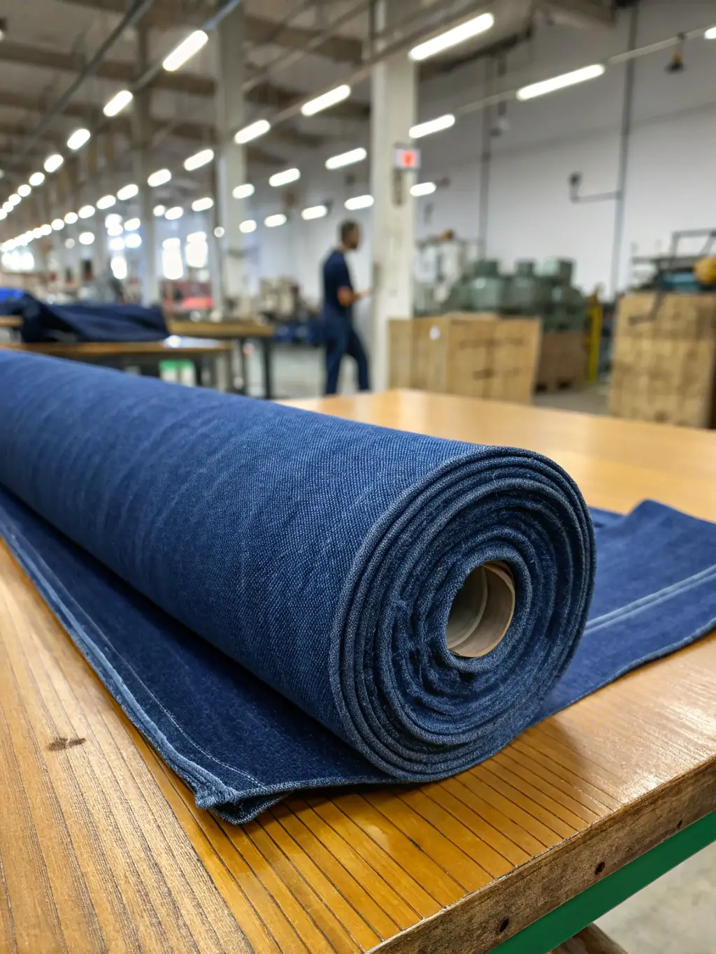 Close-up shot of high-quality denim fabric, showcasing its texture and weave, suitable for jeans and jackets.